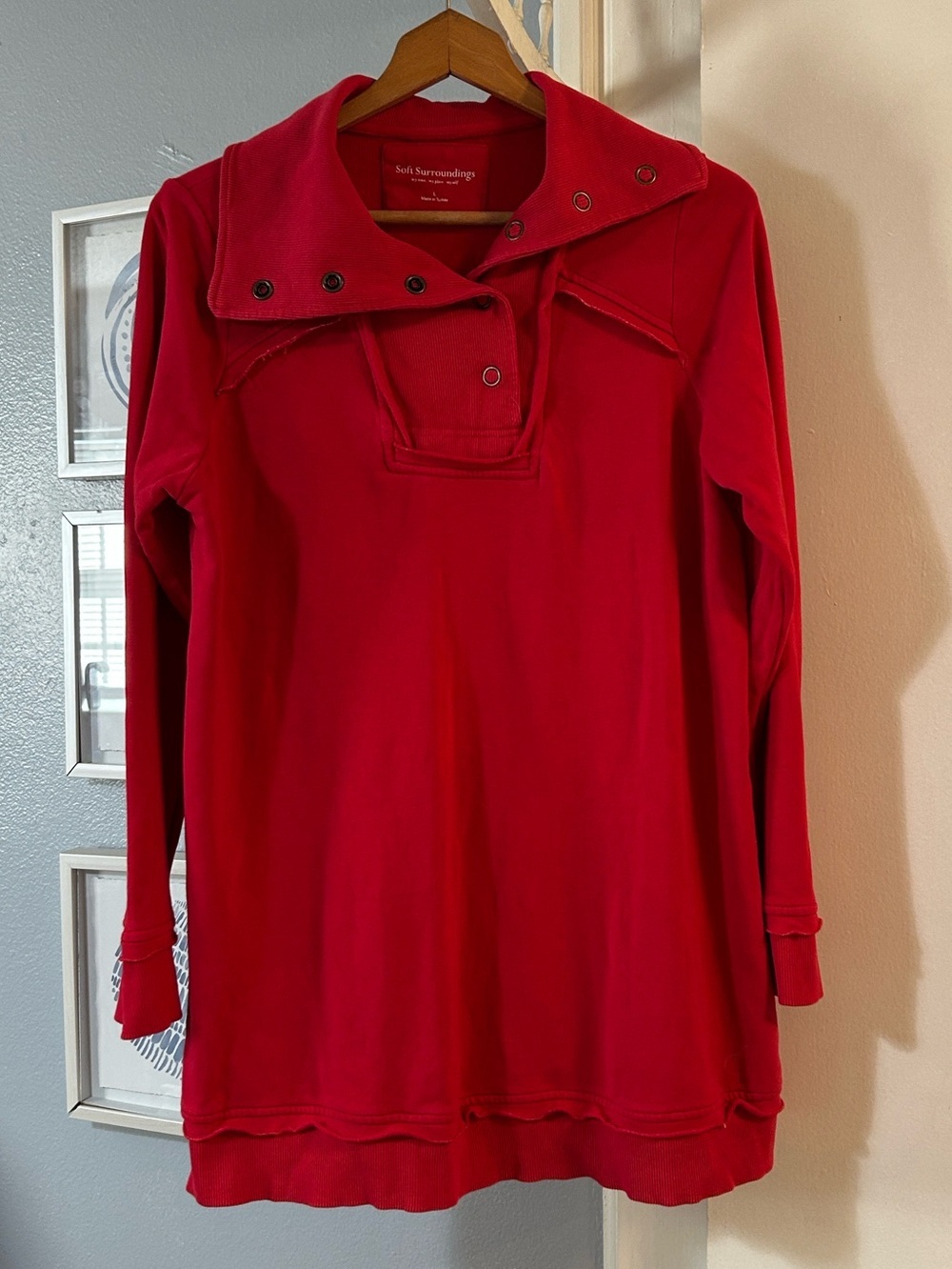 Soft Surroundings Womens Size L Red Pullover Snap Sailor Collar Tunic Sweater